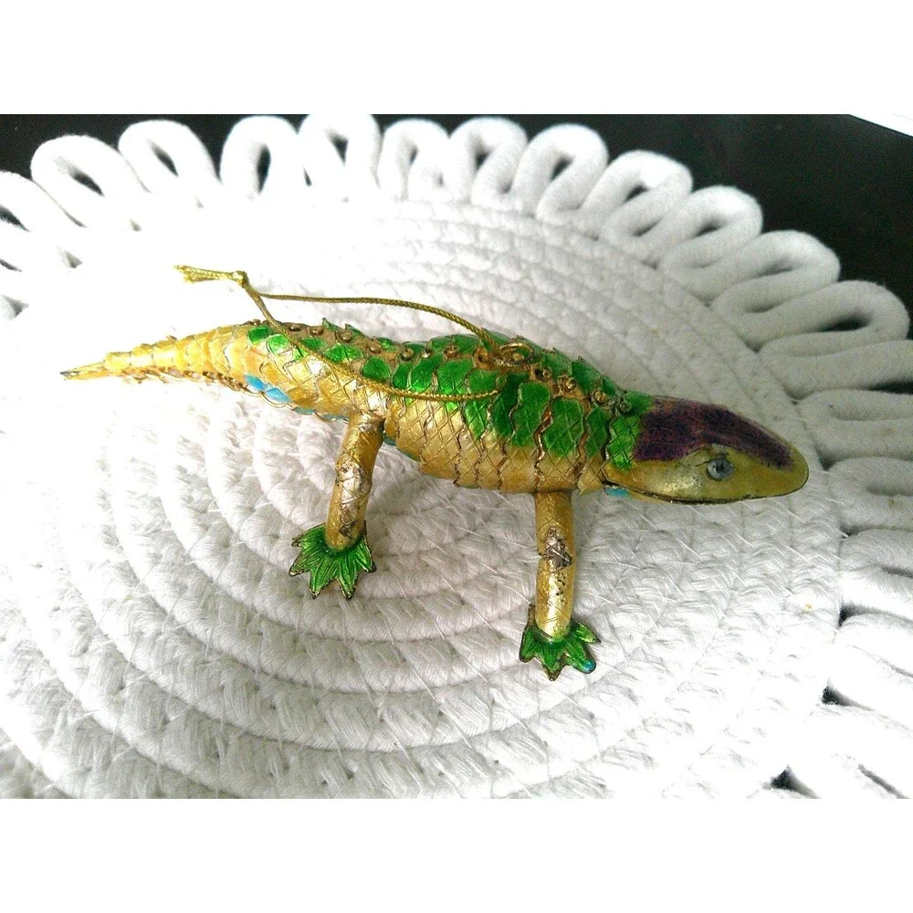 NEW  Gold and Green Cloisonne Articulated Alligator Hanging Ornament 5